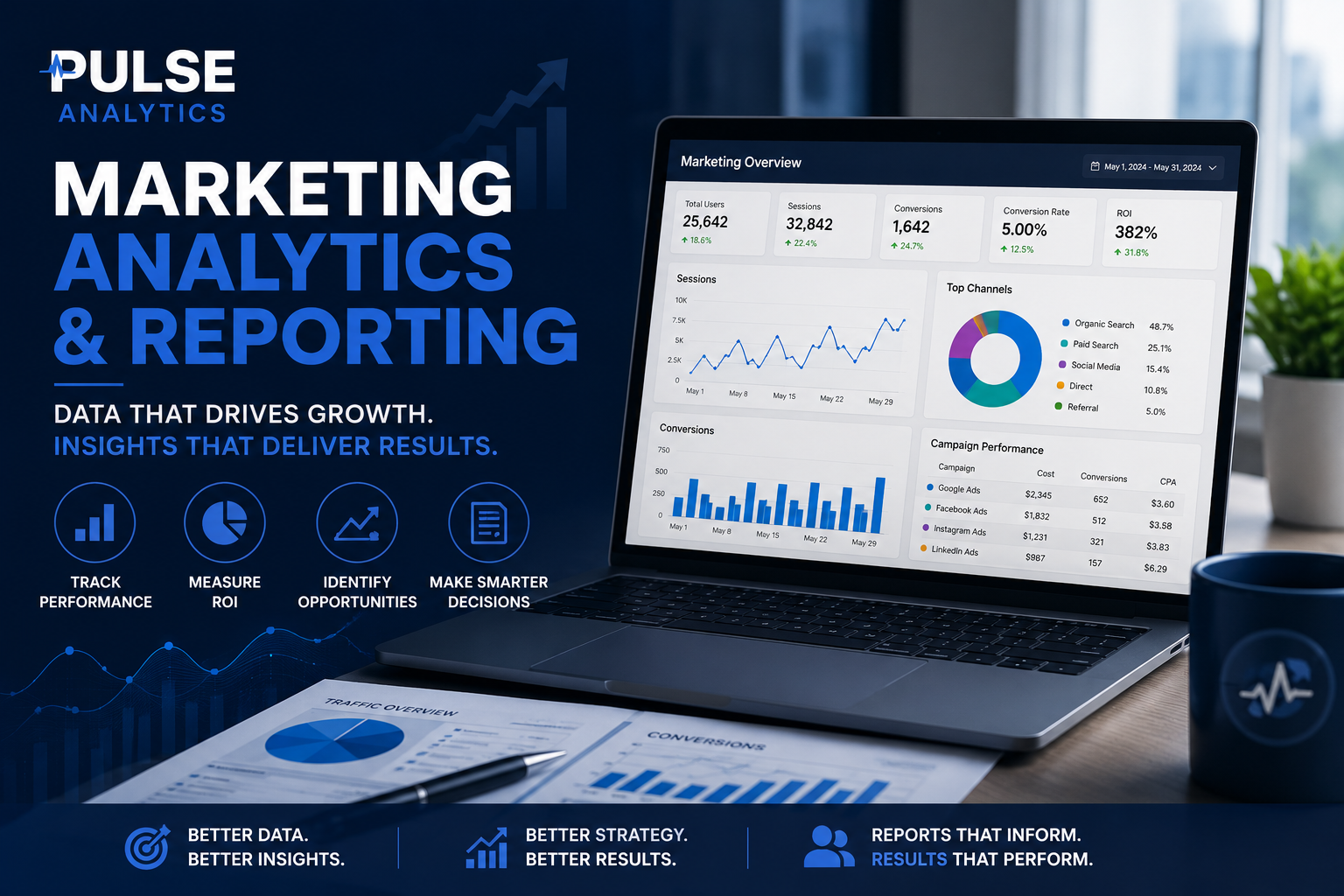 Illustration of a marketing reporting dashboard with charts and graphs